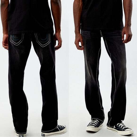 NEW TRUE RELIGION MENS Black White Ricky Relaxed Straight Leg Denim Jeans 30 - Picture 1 of 10